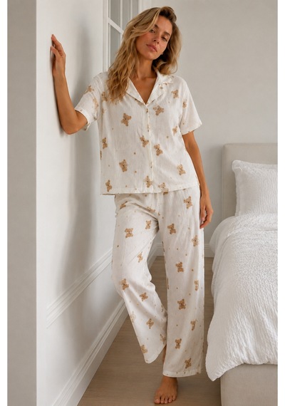 Kadın Loose Kalıp Pamuklu Kırık Beyaz Pijama Takımı