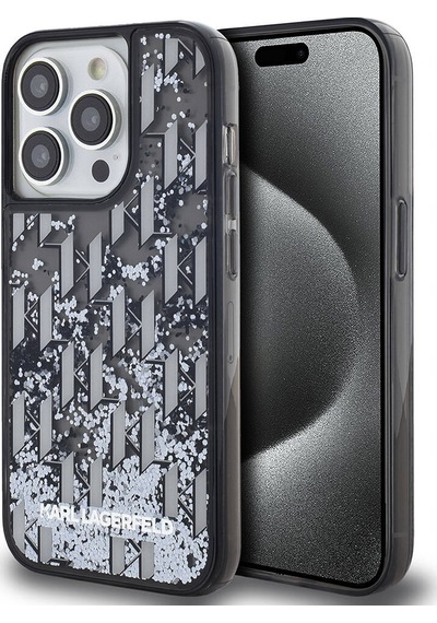 Apple Uyumlu iPhone  14 Pro Max Kılıf Karl Lagerfeld Lisanslı Simli Kl Yazılı Monogram Gradıent Siyah