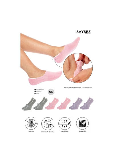 Saysez Bambu Kadın Babet Renkli Çorap Dikişsiz Görünmez Kaydırmaz Topuk Silikonlu Premium 6'lı Renkli
