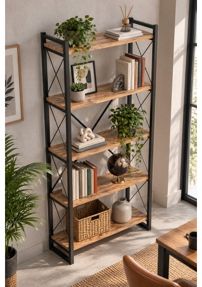 Sulorahome 5 Raflı Metal Kitaplık Ceviz Desenli 180 Cm