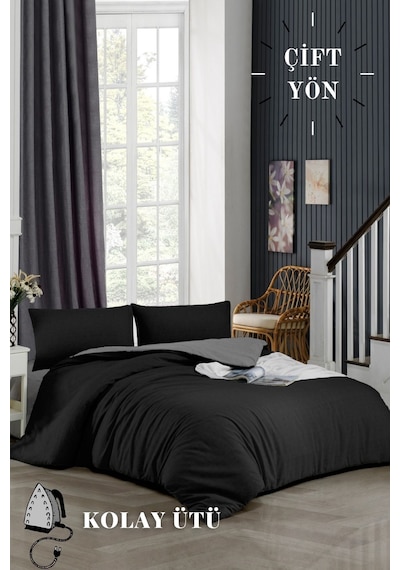Ely Parker Kolay Ütü 200x200 Battal Çift Kişilik Nevresim Takımı Çift Yönlü (Gri Lastik.Çarşaf+Yorg.K.+2 Y.K) 200 x 200 Gri