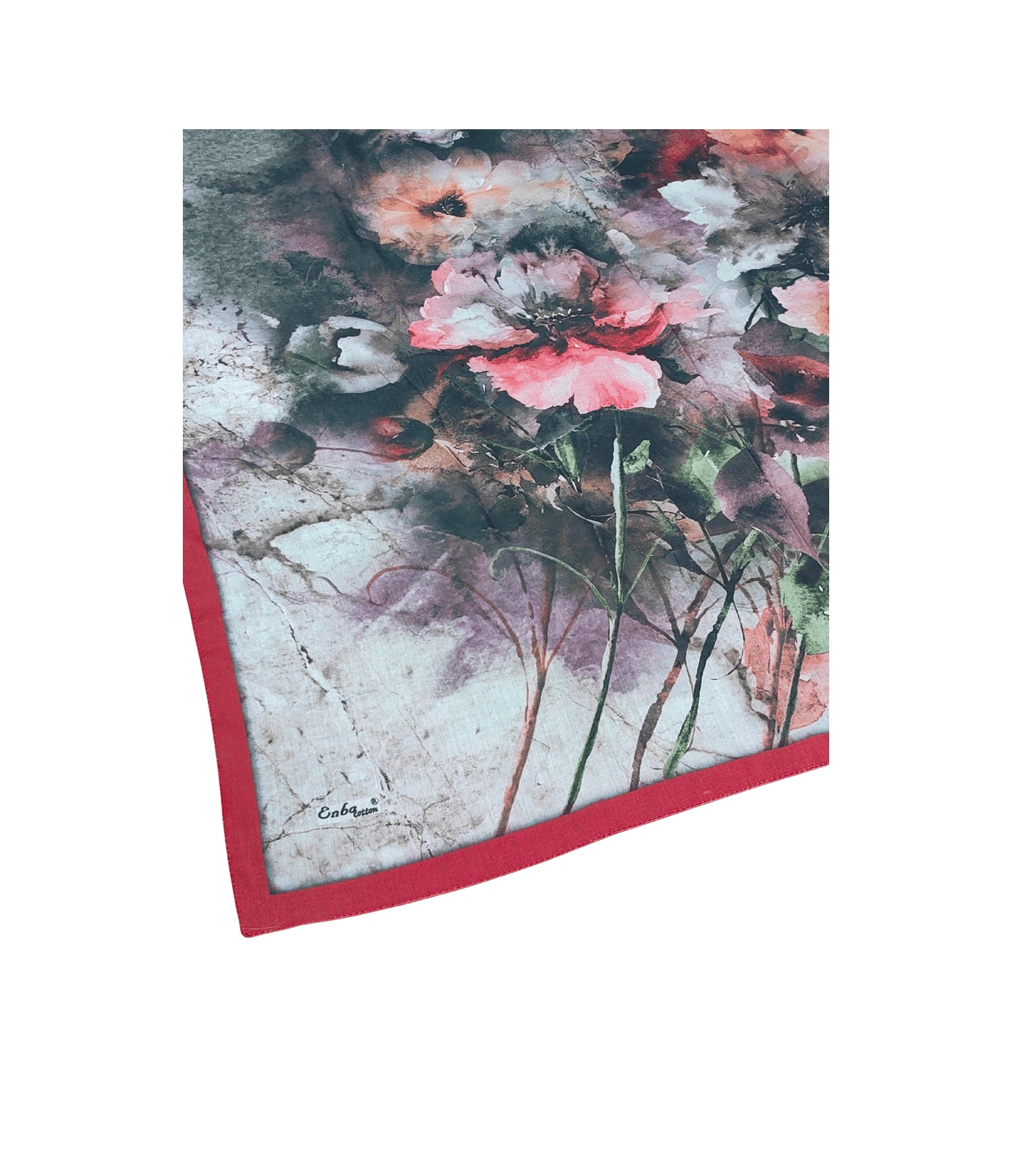 Mim Eşarp Enba Çiçek Desenli Pamuklu Eşarp 90x90 Cm Kırmızı