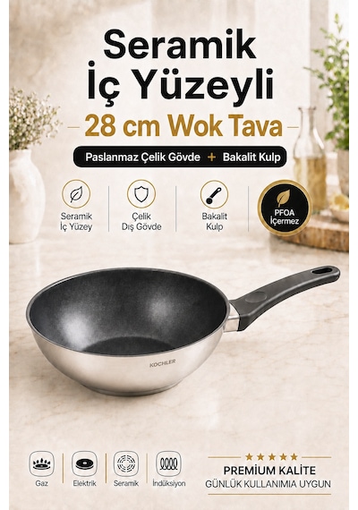 28 Cm Seramik İç Yüzeyli İndüksiyon Uyumlu Paslanmaz Çelik Wok Tava Gümüş