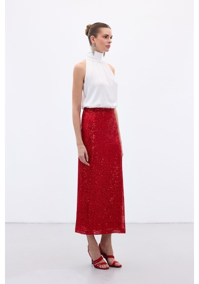 Sateen Karolin Midi Etek - Kırmızı-136653 Kırmızı
