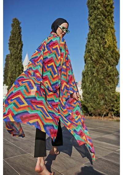 Remsa Mayo Remsa Tesettür Mayo Üzerine Tek Kaftan Kimono Pareo Rp016 Tetris Siyah