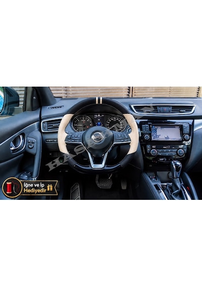 Nissan Qashqai Dikme Direksiyon Kılıfı Delikli Deri Parlak Siyah Bej Detay Çift Yüzük Ve Dikiş 2017-2021