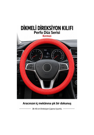 Trobus Opel Vectra 2003-2009 Uyumlu Dikmeli Direksiyon Kılıfı Perfo Düz Delikli Deri Kırmızı