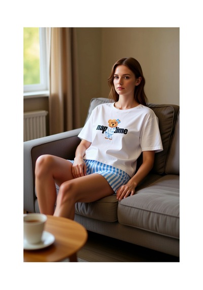 Ersefa Kadın Çizgili Şortlu Ayıcık Temalı Pijama Takımı Fonksiyonel Daya Beyaz - Çok Renkli Ersefa Kadın Çizgili Şortlu Ayıcık Temalı Pijama Takımı Fonksiyonel Daya Beyaz - Çok Renkli