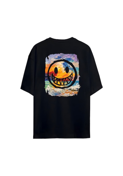 Noıssey Pastel Emoji Tasarımlı Unisex Oversize T-shirt Siyah