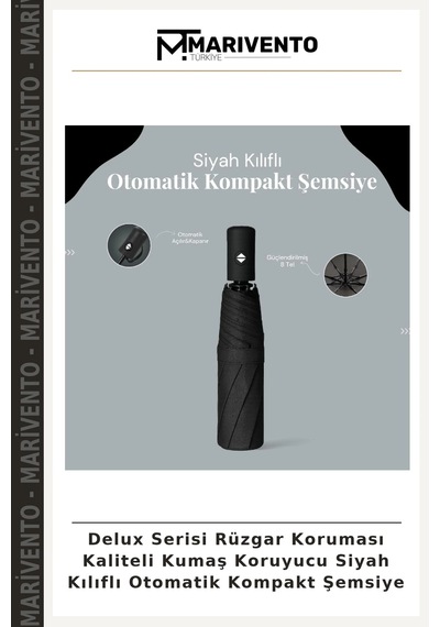 Delux Serisi Rüzgar Koruması Kaliteli Kumaş Koruyucu Siyah Kılıflı Otomatik Kompakt Şemsiye