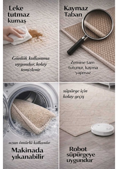 Nesrin Modern Kabartmalı Tuğla Desenli Lüks Kaymaz Jel Taban Halı Krem