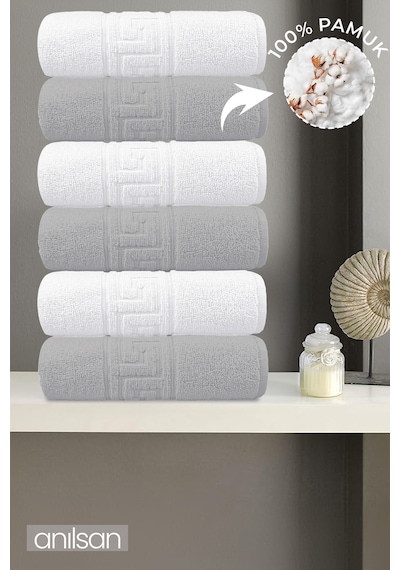 6'lı Greek Gri-beyaz El Havlusu - 50x90 Cm, 225 Gr, %100 Pamuk, Spa Ve Otel Havlusu Gri-Beyaz