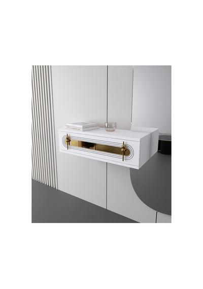 Işık 70cm Duvara Monte Kapaklı Raflı Modern Dresuar Beyaz-altın Beyaz-altın