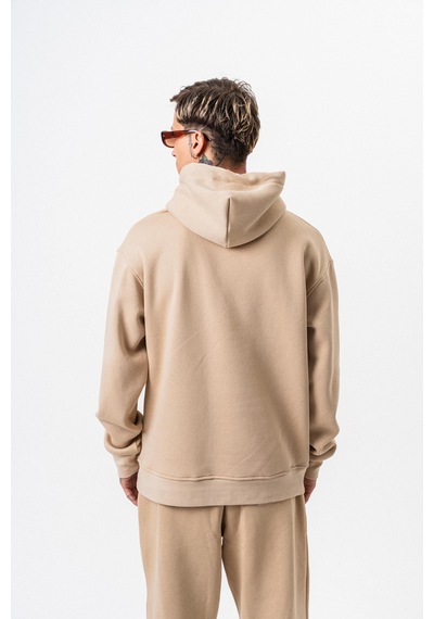 Erkek Respire Yazı Detaylı Kapüşonlu Basic Oversize Hoodie Bej