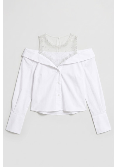 Itsbasic Kadın Beyaz Oversize Tül Dantelli Özel Tasarım Gömlek