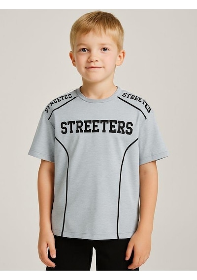 Ekkokids Çocuk Streeters Yazılı Pamuklu Oversize T-shirt-16015 Gri