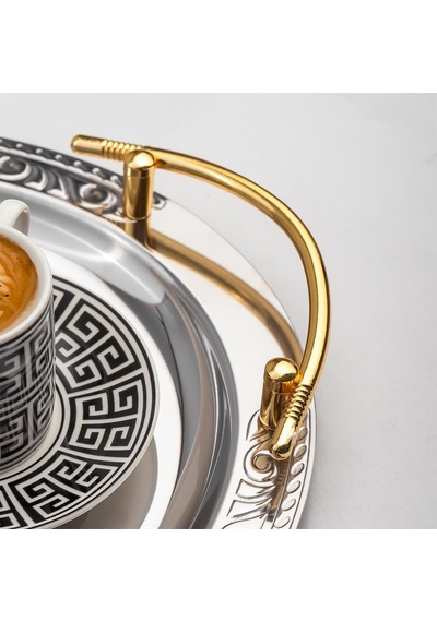 Elit Premium 2'li Paslanmaz Çelik Kahve Tepsisi Gümüş Tepsi Gold Detaylı Dekoratif Servis Sunum Tepsisi Çok Renkli