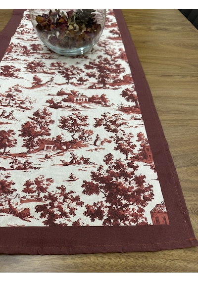 Toile De Jouy Monet Runner 40x110 Cm %100 Pamuk Dijital Baskılı Masa Örtüsü Country Tarzı Fransız Desen Masa Dekoru - Zt710 Kırmızı