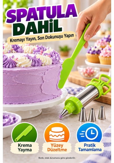 Pasta Süsleme Seti Krema Şırıngası Çelik Gövde Üç Uçlu Spatula Kek Cupcake Dekorasyon Mutfak Aparatı Çok Renkli