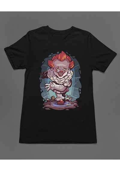 Bumeta It Pennywise Chibi Çizgi Film Dizi Unisex Tişört T-shirt Siyah