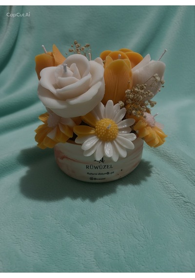 Rüwüzel Güneş Bahçesi Soya Wax Çiçek Mum Buketi Beyaz - Turuncu