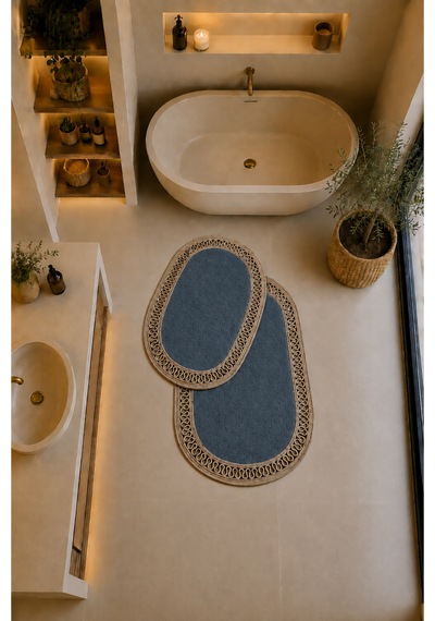 El Yapımı Bohem Banyo Paspası 2'li Pelüş Kaymaz Jel Taban 40x60 Cm Ve 60x100 Cm Mavi