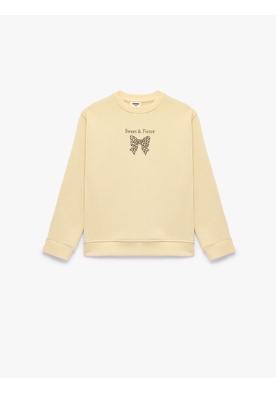 Koton Uzun Kollu Fiyonk Baskılı Üç İplik Şardonlu Bisiklet Yaka Sweatshirt Bej 7wkg10251ak Ekru