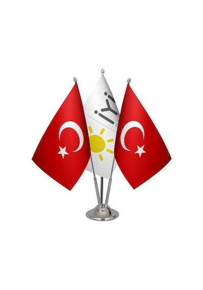 Masa Üstü İyi Parti Bayrağı Türk Bayrağı Üçlü Krom Direk Masa Bay