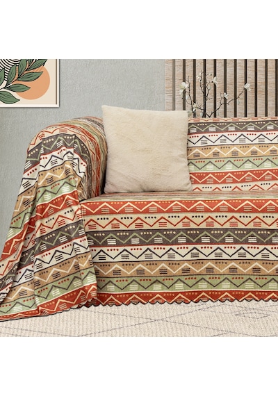 Softmicro Etnik Desenli Boho Doğal Renk Koltuk Örtüsü Natural 180 x 220 CM