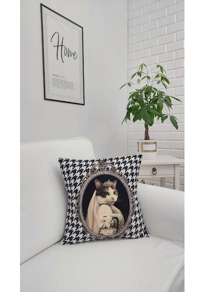 Prensess Kedi Kaz Ayağı Desen Kırlent Kılıfı Renkli