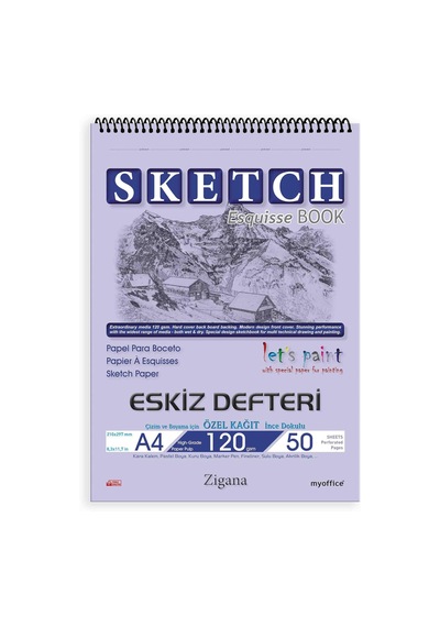 Zigana A4 Spiralli Eskiz Defteri 50 Yaprak, 120 Gr Çizim Bloknotu, Sanat Defteri