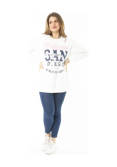Şans Kadın Büyük Beden Kemik İçi Şardonlu İki İplik Ön Baskılı Sweatshirt 65n37158-kemik Kemik