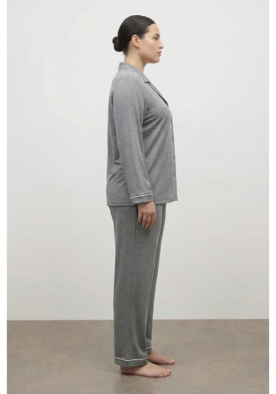 Kontrast Biyeli Penye Pijama Takımı Gri