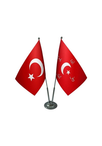 Masa Üstü İttihat ve Terakki Bayrağı Türk Bayrağı İkili Krom Dire