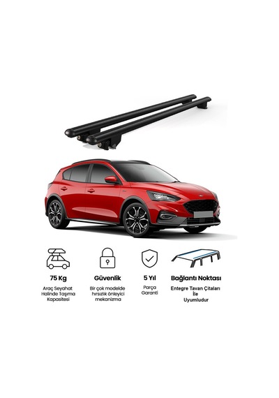 Kanca Ford Focus Active 2018 Ve Sonrası Uyumlu Siyah Kilitli Ara Atkı 110cm Port Bagaj Tavan Barı