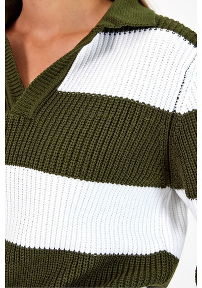 Cool Tarz Kadın Çizgili Şeritli Comfort V Polo Yaka Triko Haki Haki