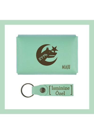 Miaju Açık Yeşil, Bozkurt Ve Hilal Desenli, İsme Özel Cüzdan Ve Anahtarlık Set, Akrabaya Özel Hediyelik Açık Yeşil
