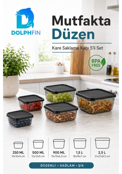 5 Li Kare Saklama Kabı Seti Kapaklı 250 Ml 500 Ml 900 Ml 1,5 L 2,5 L Bpa İçermez Siyah