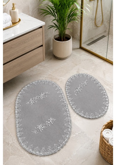 Gri 2li Fransız Dantelli Lüks Banyo Paspası Kaymaz Çeyizlik Oval Banyo Paspas Seti Lauris Gümüş
