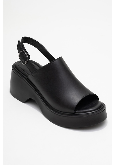 Luvishoes Power Siyah Cilt Hakiki Deri Kadın Dolgu Topuklu Sandalet Siyah Deri