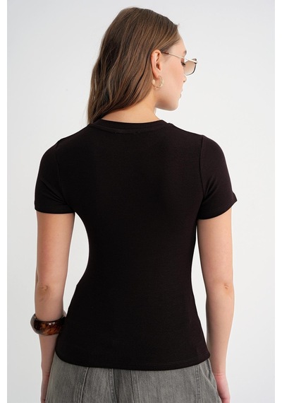 Mixray 2010 Kadın Slim Fit Basic T-shirt Kahve