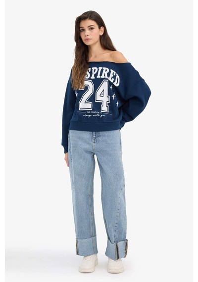 Defacto Oversize Geniş Kalıp Açık Omuz Baskılı Kalın Sweatshirt G7182ax25cwnv1 Lacivert-nv1