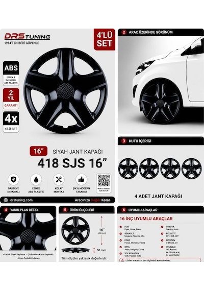 Kia Uyumlu 16 Inc Kırılmaz Parlak Siyah Jant Kapağı 1 Takım 4 Adet No:418