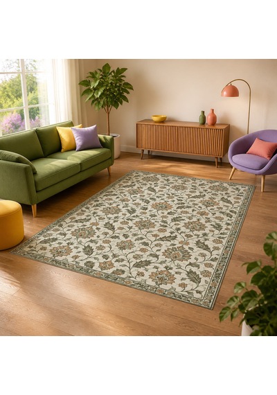 Kartela Halı Madalyonsuz Vintage İran Desenli Halı Adaçayı Yeşili Kaymaz Taban 80x120 Cm
