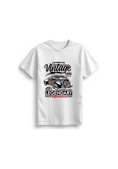 Paybuy Kadın Vintage Otomotif Araçları Efsanesi Baskılı Kısa Kollu Rahat Beyaz