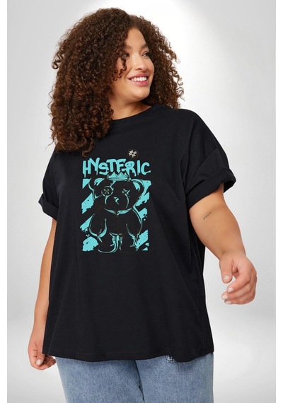 Angemiel Histerik Siyah Büyük Beden Erkek Kadın Unisex Basic Ön Baskılı Tişört Siyah
