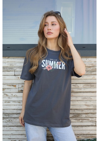 Velvoria Unisex Oversize Relaxed Summer Baskılı Antrasit Renk T-shırt
