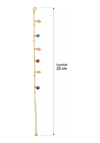 Renkli Nazar Boncuklu Yaprak Figürlü Gold Renk Kadın Halhal Ayarlanabilir Zincir Ayak Bilekliği Çok Renkli
