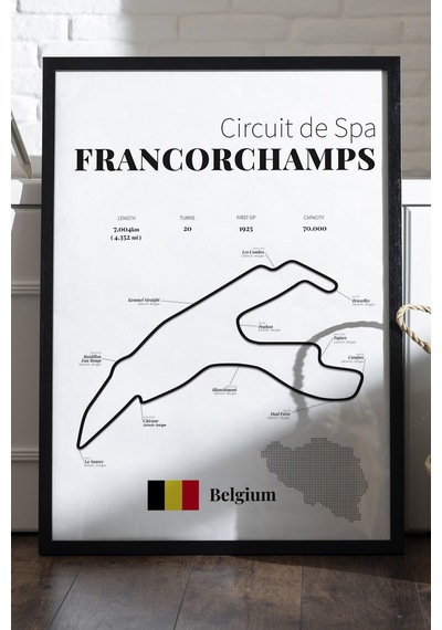 Francorchamps Formula 1 Siyah Ahşap Çerçeveli Poster, Dekoratif Harita Duvar Tablosu
