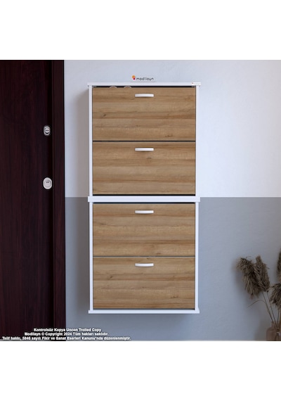Modilayn Umay' 2 Li Asma Antre Hol 72 X 148 X 25, 5 Cm Lik 4 Düşer Kapak 8 Göz Bölmeli Ayakkabılık Meşe